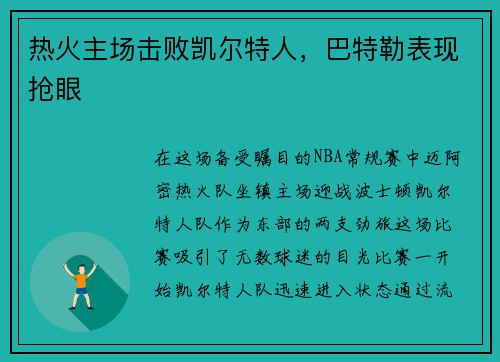 热火主场击败凯尔特人，巴特勒表现抢眼